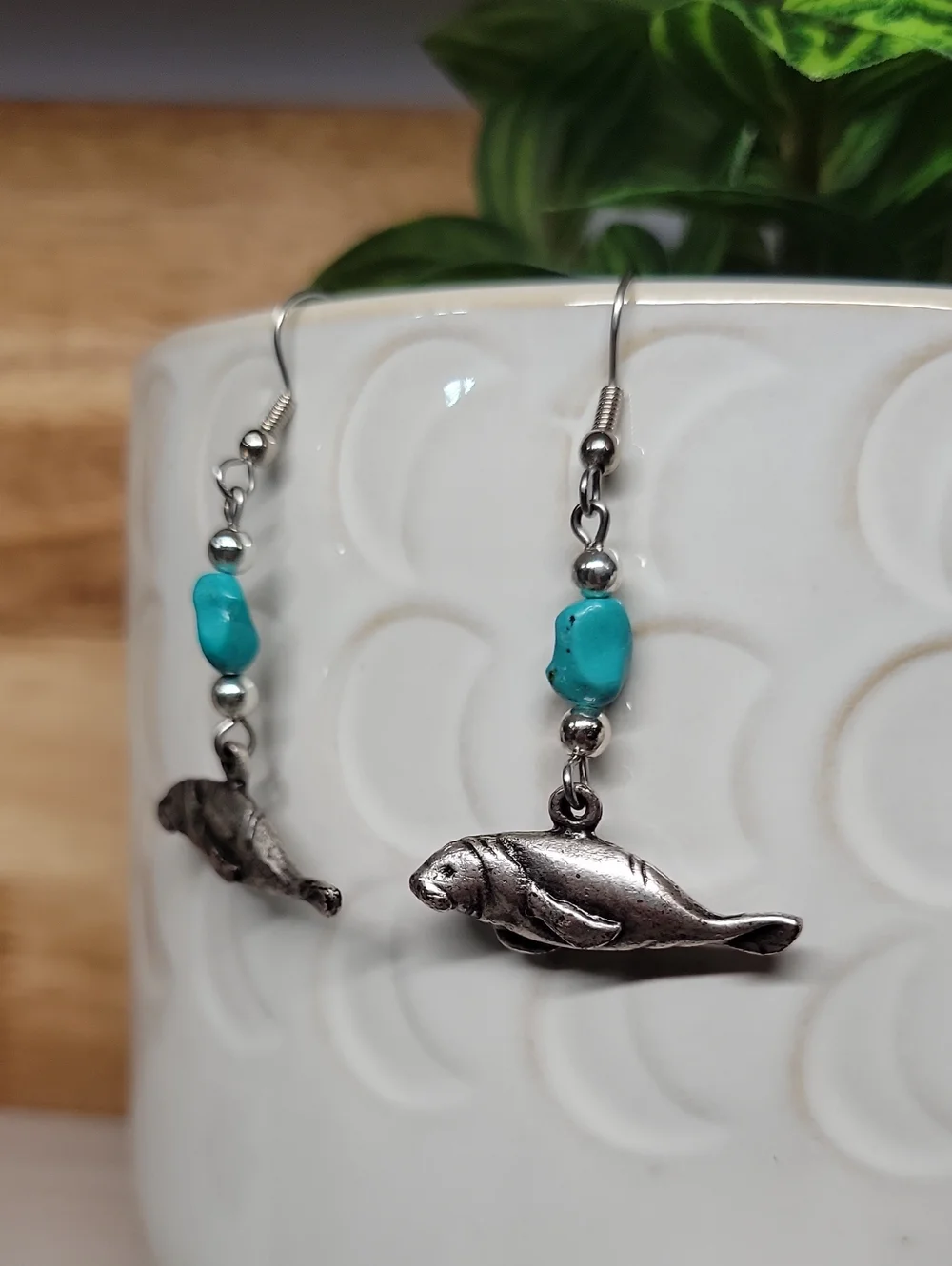 Vintage Manatee Dangle Earrings with Turquoise Howlite Beads